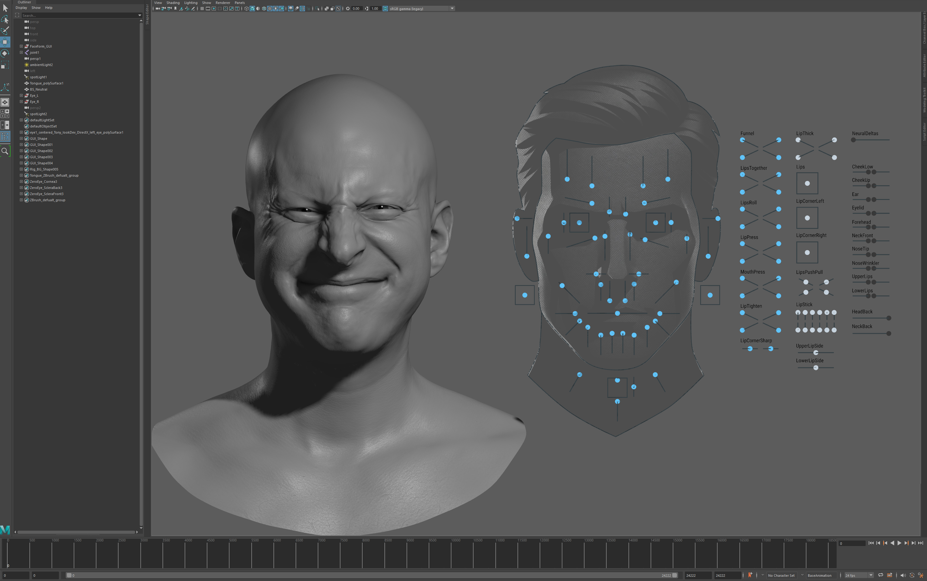 Tony facial expression mesh alongside Faceform facial rig controls